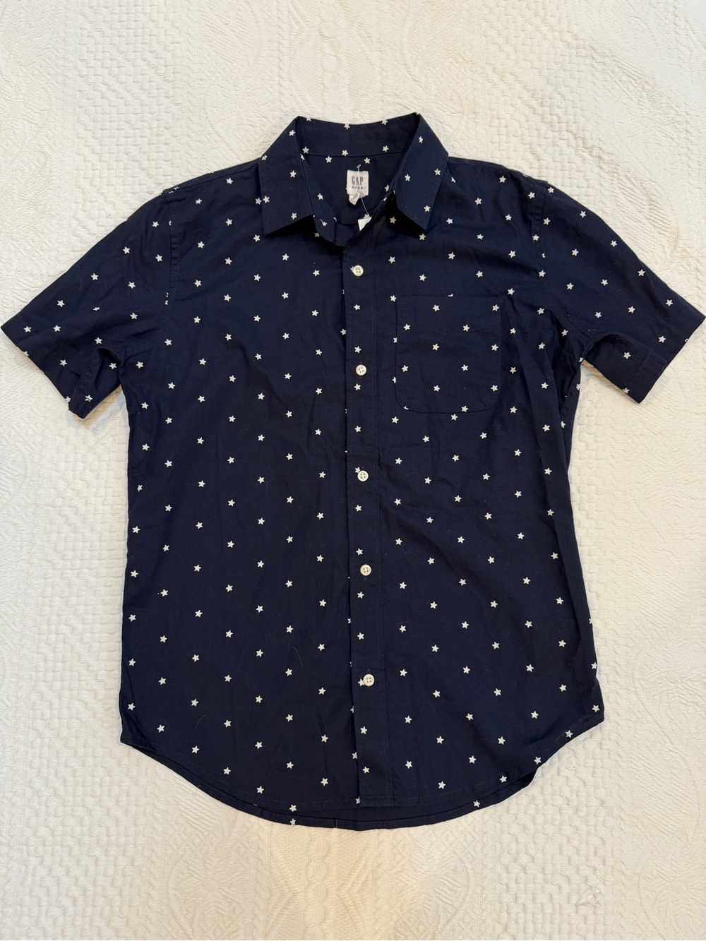 New W/ Tags Gap Button Down Short Sleeve Collared Shirt Navy Blue Stars Boys 12